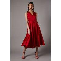 Coast Women's Bow Trim V Neck Volume Skirt Midi Dress in Red | Size: 10