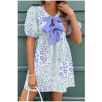Everyday The Label Women's Sky Blue Leopard Contrast Bow Puff Sleeve Mini Dress in Pale Blue | Size: XL