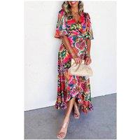 Everyday The Label Women's Rose Summer Plant Print Surpliced V Neck Ruffled Asymmetric Slit Wide | Size: Large