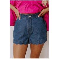 Everyday The Label Women's Sail Blue Scalloped Hemline Acid Wash High Waist Denim Shorts in Mid Blue | Size: 10