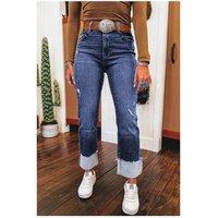 Everyday The Label Women's Real Teal Folded Cuffs Distressed Straight High Waist Jeans | Size: 12