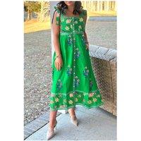 Everyday The Label Women's Green Floral Print Contrast Trim Knotted Straps Midi Dress | Size: XL