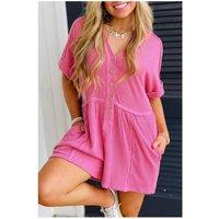 Everyday The Label Women's Bright Pink Spiral Ribbed Short Sleeve V Neck Buttoned Romper with | Size: Medium