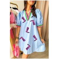 Everyday The Label Women's Myosotis Sequined Cowgirl Boots Pattern Contrast V Neckline Half Puff in Pale Blue | Size: Large