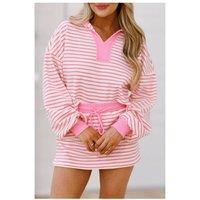 Everyday The Label Women's Pink Stripe Collared V Neck Drop Shoulder Pullover & Skort 2pcs | Size: XL