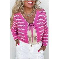 Everyday The Label Women's Pink Stripe Crochet Scalloped Trim Lace-up Front Cropped Cardigan | Size: XL