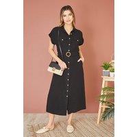 Yumi Women's Black Viscose Linen Look Midi Shirt Dress With Wooden Belt | Size: 14