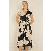 Yumi Women's Black Blossom Print Wrap Midi With Dipped Hem | Size: 16