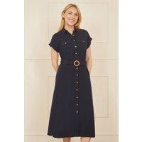 Yumi Women's Navy Viscose Linen Look Midi Shirt Dress With Wooden Belt | Size: 12