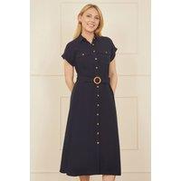 Yumi Women's Navy Viscose Linen Look Midi Shirt Dress With Wooden Belt | Size: 20