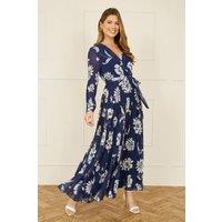 Yumi Women's Navy Floral Pleated Midi Wrap Long Sleeve Dress | Size: 14