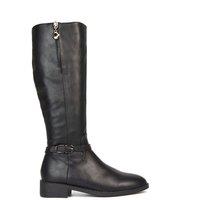 XY London Women's 'Georgina' Knee High Boots Low Heel Zip Up Calf Riding Biker With Ankle Strap in Black | Size: 6