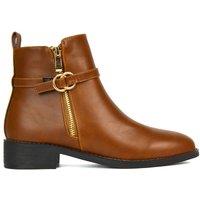 XY London Women's 'Lorna' Flat Low Heel Ankle Booties With Decorative Buckle & Zip in Tan | Size: 7
