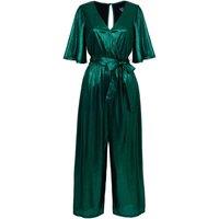 Hell Bunny Women's Elegant Green Metallic Wrap Jumpsuit Tie Waist Wide Leg Jumpsuit | Size: XS