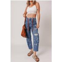 Everyday The Label Women's Ashleigh Blue Ripped Splattering Paint Rope Waist Cropped Straight in Pale Blue | Size: 16