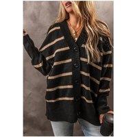 Everyday The Label Women's Black Stripe Buttoned V Neck Drop Shoulder Loose Cardigan | Size: 22