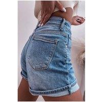 Everyday The Label Women's Ashleigh Blue Rhinestone Embellished Denim Shorts in Pale Blue | Size: 16