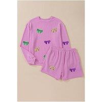 Everyday The Label Women's Phalaenopsis Bowknot Patched Pattern Corded Long Sleeve Top & Shorts in Lilac | Size: Small