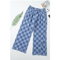 Everyday The Label Women's Dusk Blue Checkered Denim Wide Leg Jeans in Mid Blue | Size: 12