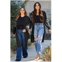 Everyday The Label Women's Black Flower Embroidered Drop Shoulder Open Front Duster Cardigan | Size: Medium