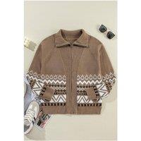 Everyday The Label Women's Brown Western Printed Ribbed Trim Collared Zip up Cardigan | Size: Large