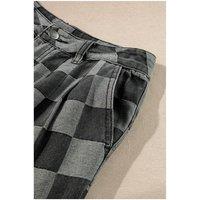 Everyday The Label Women's Dark Grey Checkered Denim Wide Leg Jeans | Size: 8