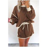 Everyday The Label Women's Coffee Color Contrast Loose Pullover & Lace-up Waist Skort Set in Dark Brown | Size: Small