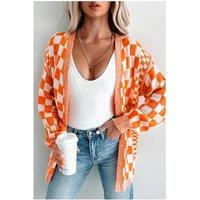 Everyday The Label Women's Orange Checkered Open Front Drop Shoulder Cardigan | Size: Medium