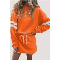 Everyday The Label Women's Orange Varsity Stripe Detail Drop Shoulder Pullover Mini Skirt Set | Size: Large