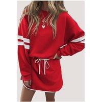 Everyday The Label Women's Fiery Red Varsity Stripe Detail Drop Shoulder Pullover Mini Skirt Set in Scarlet | Size: Small