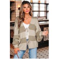 Everyday The Label Women's Khaki Striped Color Block Brushed Knit Bow Tie Front Sweater Cardigan | Size: Medium