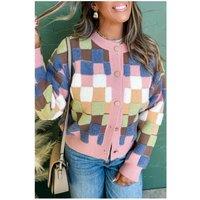 Everyday The Label Women's Multicolour Plush Checkered Pattern Button Front Cardigan Sweater | Size: Large