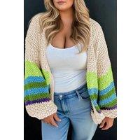 Everyday The Label Women's Parchment Color Block Crochet Open Front Plus Size Cardigan in Ecru | Size: XL