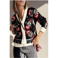 Everyday The Label Women's Black Floral Print Buttoned Front V Neck Knit Cardigan | Size: Medium