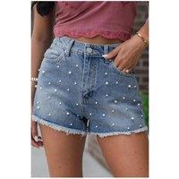 Everyday The Label Women's Dusk Blue Pearl Beaded Raw Hem Medium Wash Denim Shorts in Mid Blue | Size: 4