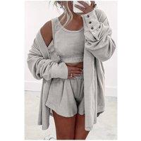 Everyday The Label Women's Gray 3 Pcs Crop Tank Top Shorts with Cardigan Lounge Set in Grey | Size: Large