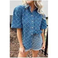 Everyday The Label Women's Dusk Blue Checkered Textured Short Sleeve Patched Pocket Denim Shirt in Mid Blue | Size: Small