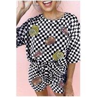 Everyday The Label Women's Black Sequined Crawfish Checkered Half Sleeve Top & Shorts Lounge | Size: Small