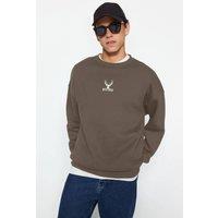 WOVCOR Men's Animal Embroidered Crew Neck Sweatshirt in Dark Brown | Size: Large