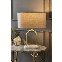 ValueLights Rachel Brushed Gold Arch Marble Base Table Lamp with Natural Shade in Off-White