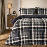 OHS Tartan Check Teddy Fleece Thermal Duvet Cover Bedding Set in Charcoal | Size: Double