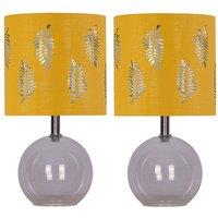 First Choice Lighting Set of 2 Buck - Clear Glass Table Lamps with Ochre Fern Shade in Yellow