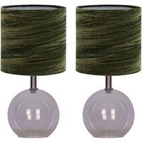 First Choice Lighting Set of 2 Buck - Clear Glass Table Lamps with Dark Green Velvet Shade