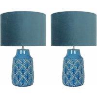 First Choice Lighting Set of 2 Peacock Ceramic Lamps with Teal Velour Shade