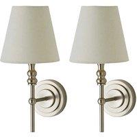 ValueLights Maggie Pair of Candlestick Wall Lights with Linen Tapered Lamp Shades in Silver