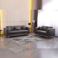 HOME LUXE INTERIOR Lidya Grey Velvet Chesterfield 3 & 2 Seater Sofa Set Silver Legs