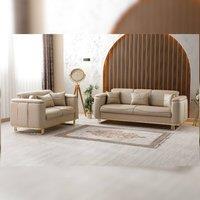 HOME LUXE INTERIOR Lidya Beige Velvet Chesterfield 3 & 2 Seater Sofa Set Gold Legs