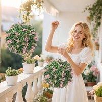 HOMCOM Set of 2 Artificial Plant Topiary Balls, Faux Plants in Pink