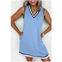 Everyday The Label Women's Myosotis Color Contrast Trim V Neck Shift Sleeveless Mini Dress in Pale Blue | Size: Small