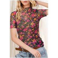 Everyday The Label Women's Rose Floral Print Mesh Stand Neck Short Sleeve Top | Size: Medium